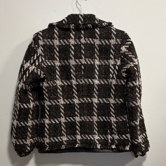 Chico’s Brown Cream Plaid Bouclé Tweed Jacket Faux Leather Trim Size 0 M - Picture 4 of 13